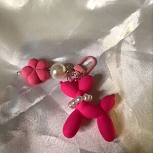 Pink Balloon Dog Keychain with Pearl Necklace Accent